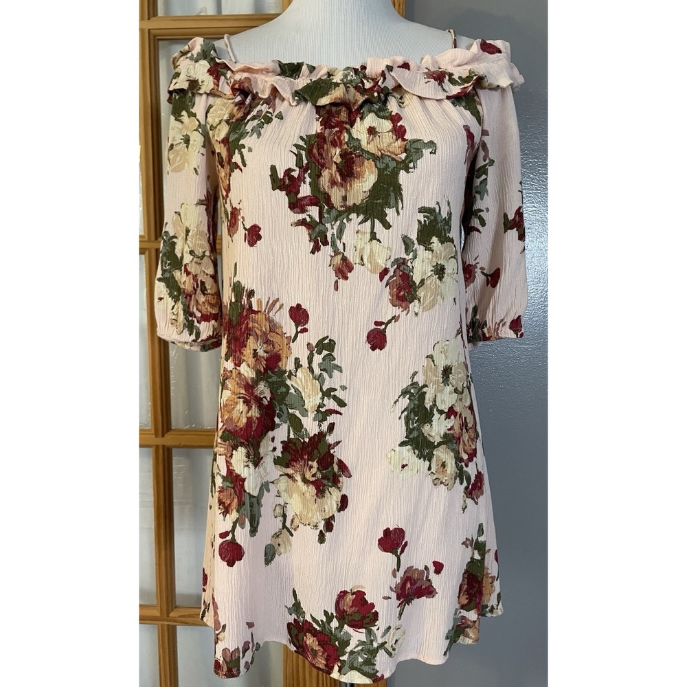 Blu Pepper Off The Shoulder Tunic Blouse Sz S Peach Red Crinkled Rayon Cottage